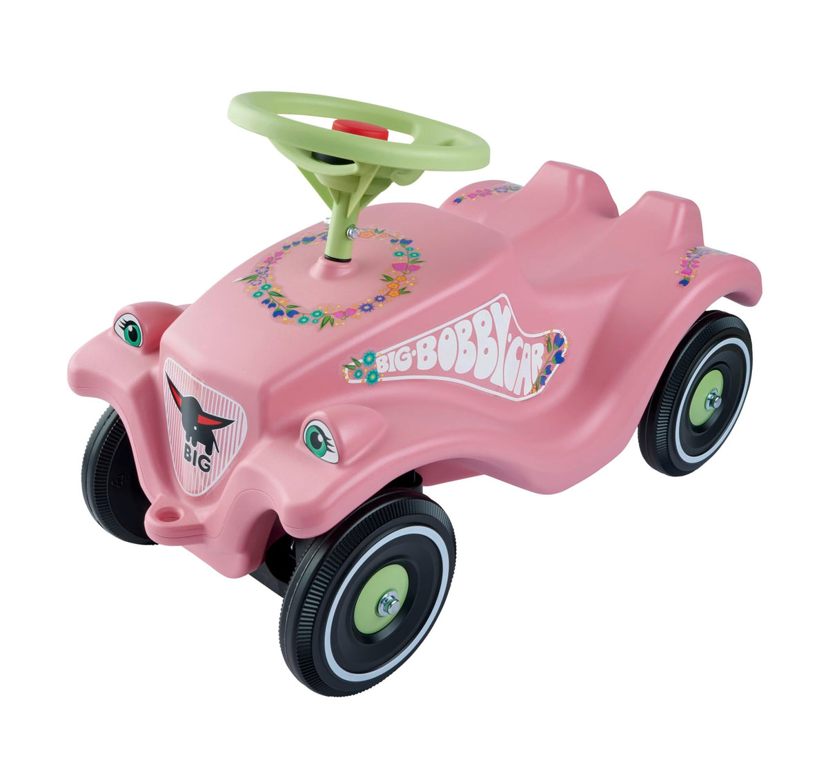 BIG-Bobby-Car Classic Flower - Vehicul pentru copii cu autocolante cu flori pentru băieți și fete, suportă până la 50 kg, vehicul de alunecare pentru copii de la 1 an, roz pastelat, verde - 800056110