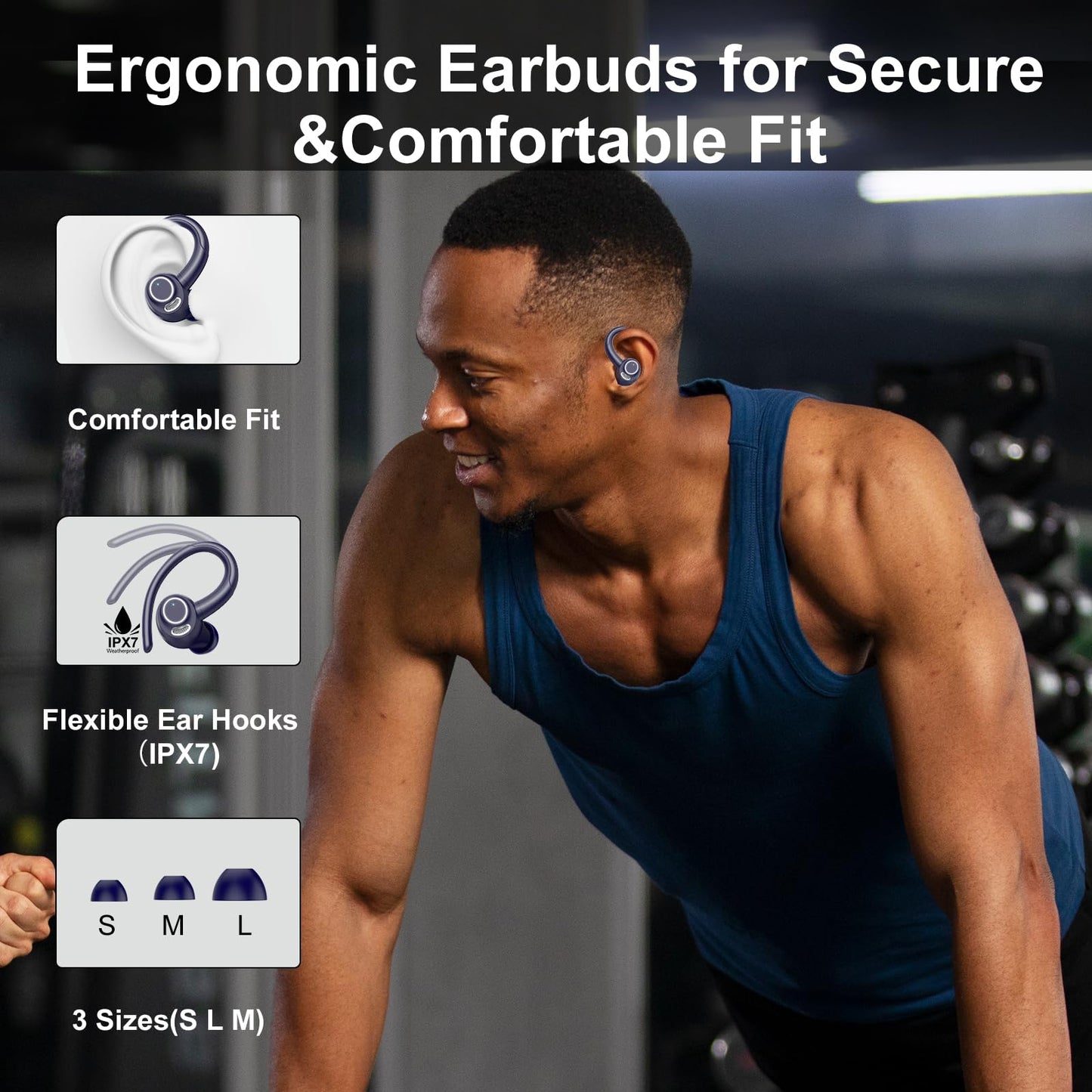 Csasan Bluetooth headphones sports, in-ear headphones, wireless Bluetooth 5.3 with ear hook, Hi-Fi stereo sound, 48 hour earbuds with 4 ENC noise canceling microphones, IPX7 waterproof earphones, blue - V90