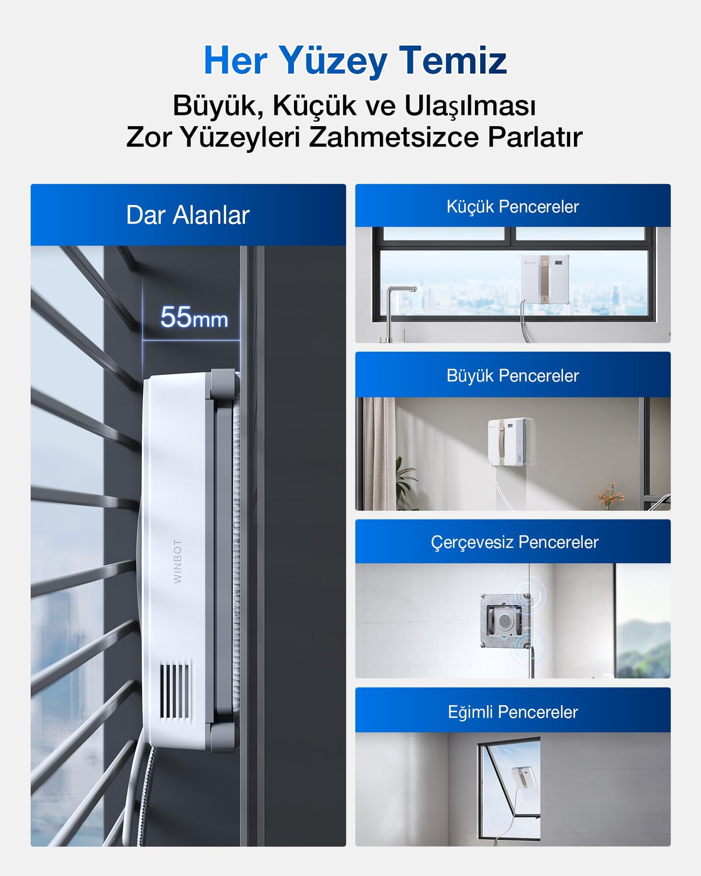 ECOVACS WINBOT Mini window cleaning robot, compact design, double nozzles with ultrasonic atomization, 9-level protection system, intelligent path planning, 4 cleaning modes, anti-slip system, gray