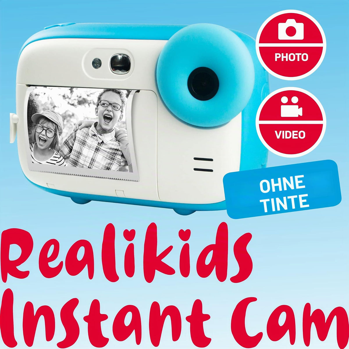 AGFA Photo Realikids Instant Cam + 1 Micro-SD Card 32 GB – Instant camera for kids, 2.4-inch LCD display, lithium battery, selfie mirror, and photo filters – Blue