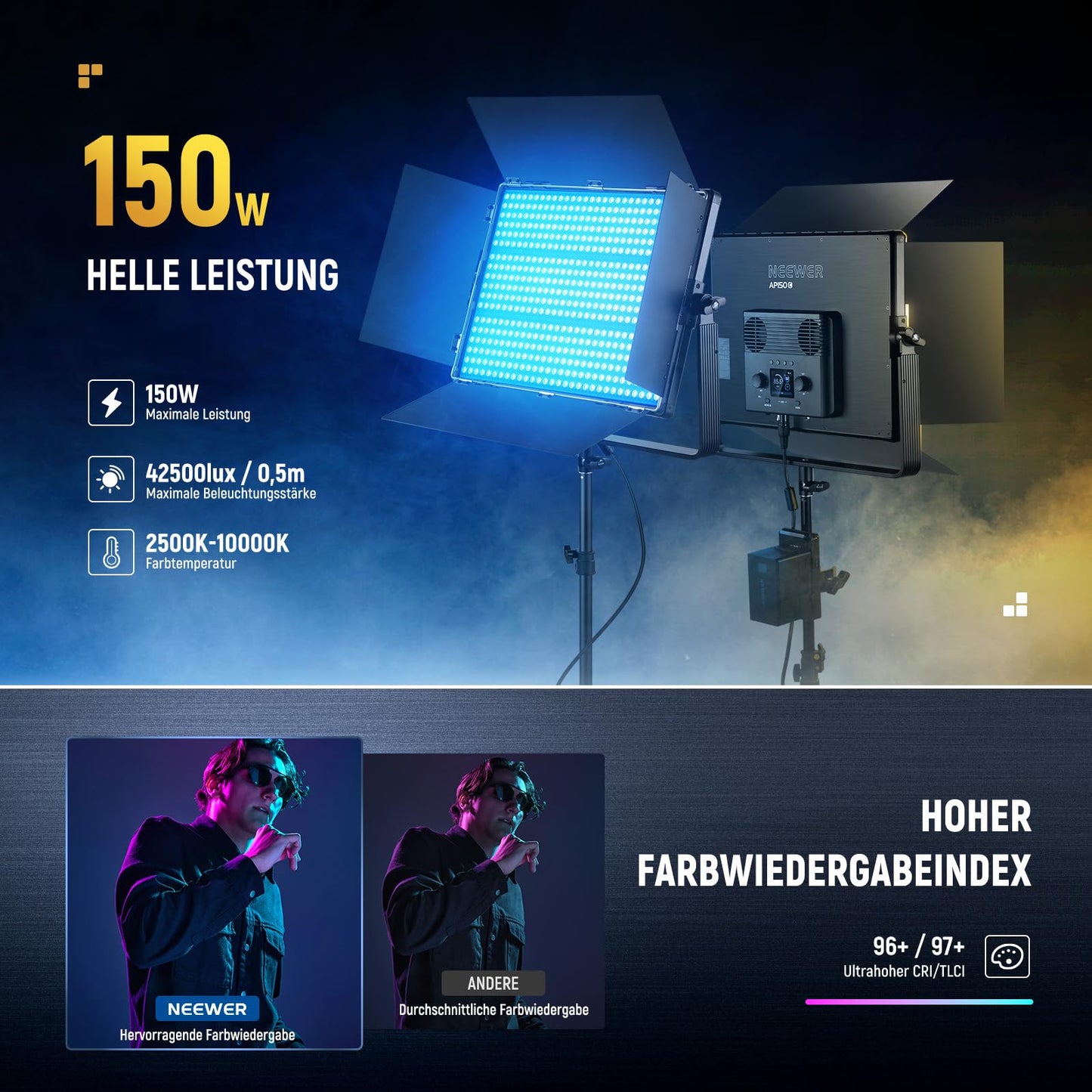 NEEWER 150W RGB LED panel video light set with barn doors, 1800 LED, 42500Lux at 0.5m, 2500-10000K, CRI96+/TLCI97+, 0.0%-100% dimming, APP/2.4G/Panel/DMX control for professional studio lighting, AP150C - 10104923