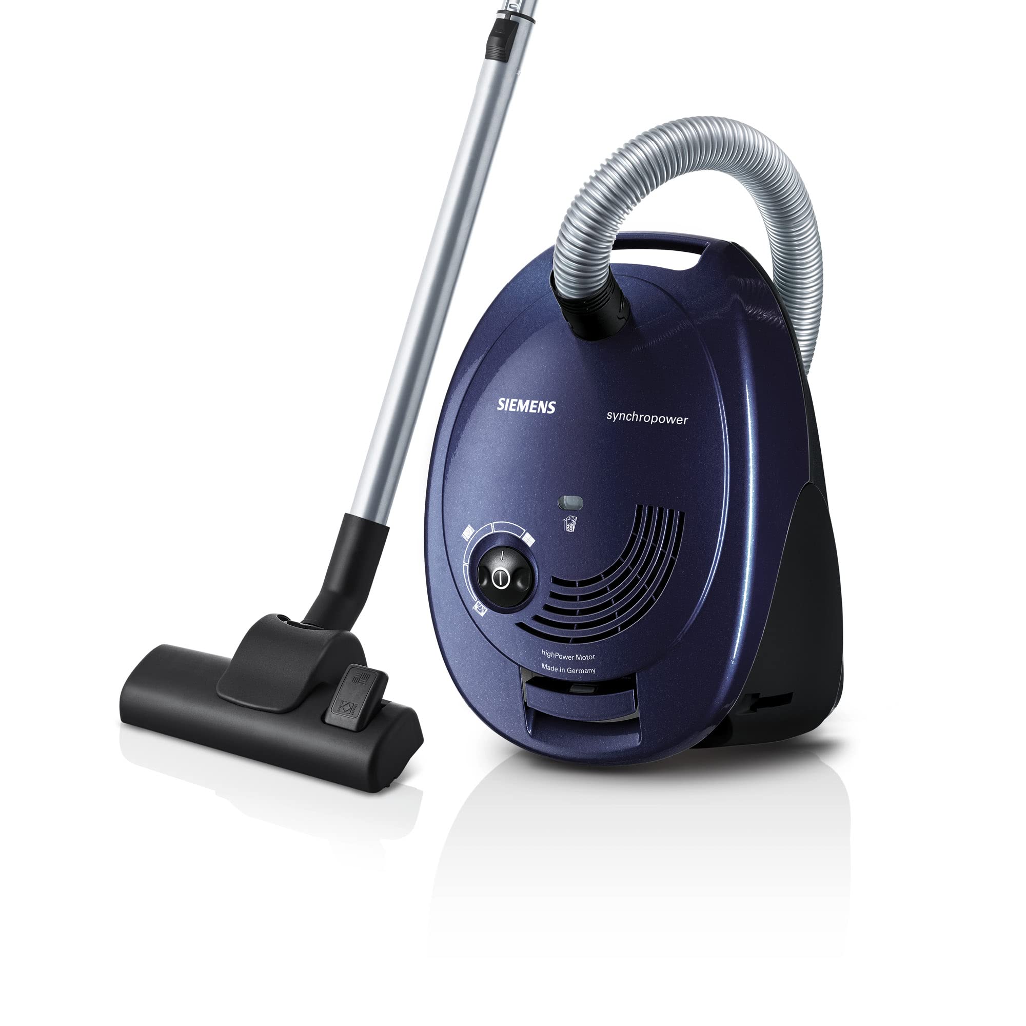 Aspirator cu sac Siemens synchropower VS06A111, aspirator de podea, filtru igienic, duză de podea pentru podele dure și covoare, putere mare de aspirare, cablu lung, duză pentru crăpături, 600 W, albastru