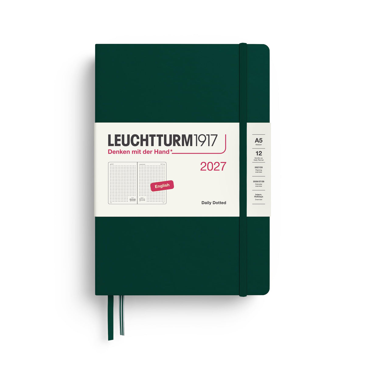 LEUCHTTURM1917 Daily Calendar 2027 Dotted Medium (A5) - English, Forest Green, 145 x 210 mm, January-December (12 months), 1 page per day, hourly grid 7:00-22:00, hardcover, 80 g/m² paper - 400336