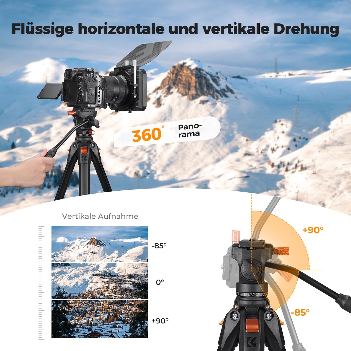 K&F CONCEPT tripod camera with fluid head, gentle pan/tilt for DSLR, mirrorless cameras and camcorders, 230cm aluminum tripod with 90 degree center column, for live streaming, vlogging and spotting scopes - KF09.172