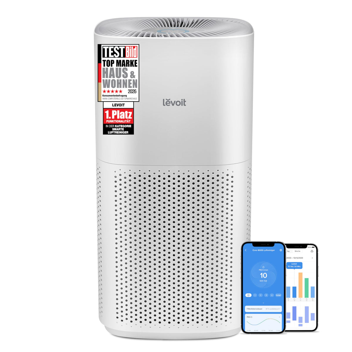 Levoit CORE 600S HEPA air purifier for smoking rooms, allergy sufferers, CADR 697m³/h for up to 147㎡ apartment, PM2.5 display and auto mode, air filter against 99.97 percent of mold, app control, cream white - LAP-C601S-WEU