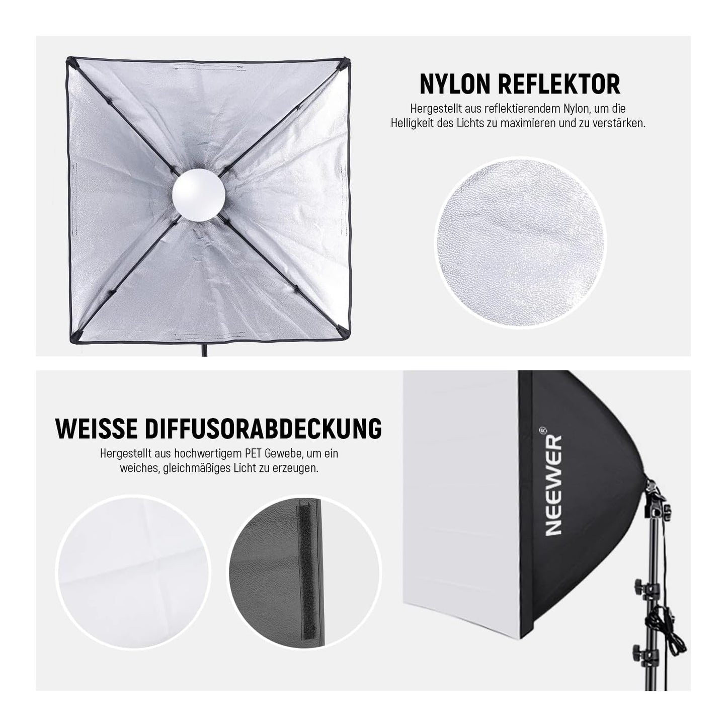 NEEWER softbox lighting set, equivalent to 700W, pack of 2 5700K LED light bulbs, 24 x 24 inch softboxes with E27 socket, photography continuous light set, photo studio equipment - Neewer