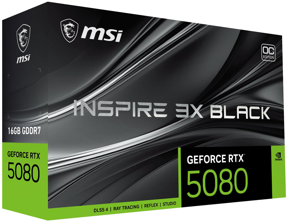 MSI GeForce RTX 5080 16G Inspire 3X OC Black - 16GB GDDR7 (30Gbps/256-bit), PCIe 5, Boost: 2640 MHz, HDMI 2.1b, DisplayPort 2.1b - V531-669R