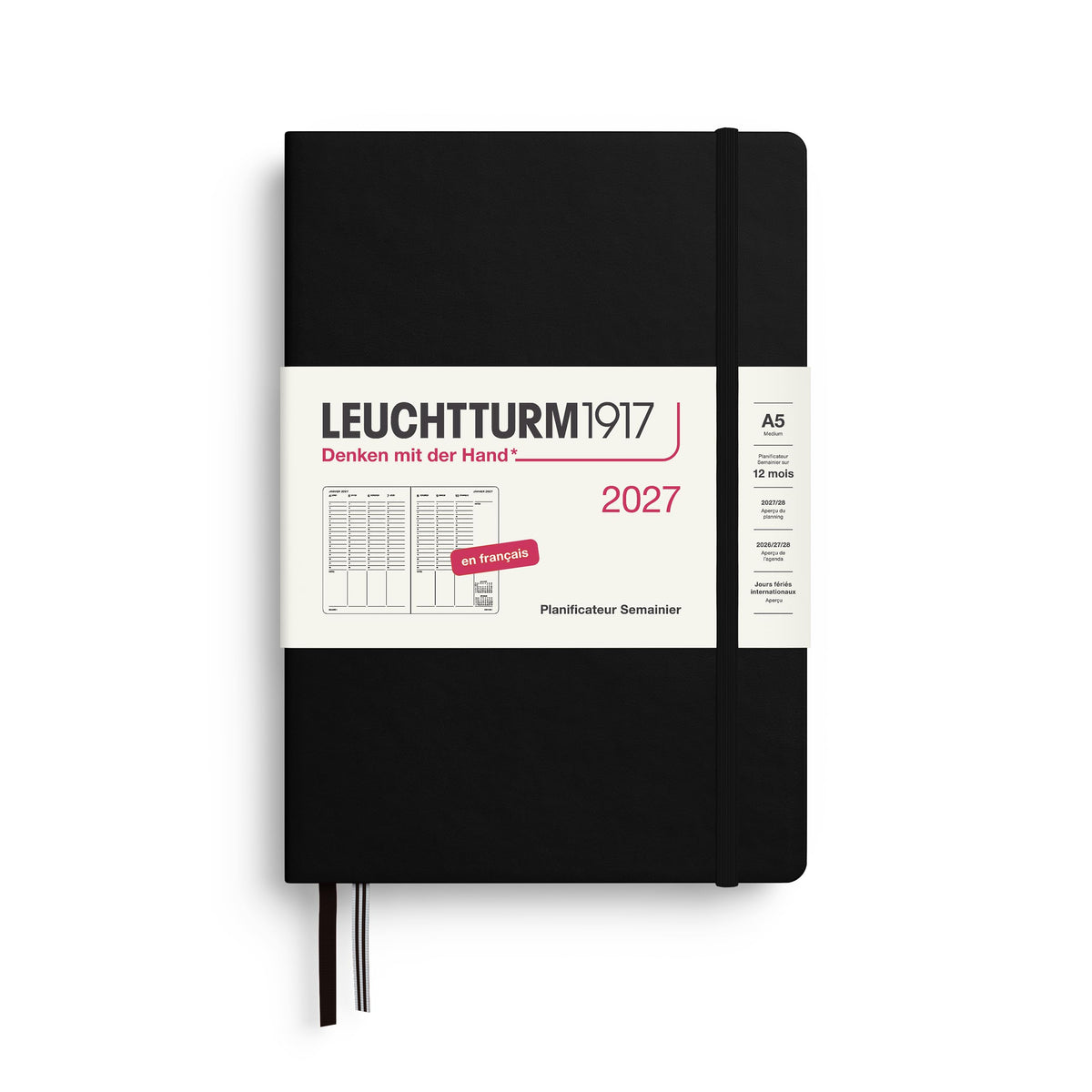 LEUCHTTURM1917 Weekly Planner 2027 Medium (A5) - French, Black, 210 x 145 mm, January-December (12 months), weekly overview with hourly grid 7:00-22:00 per column, hardcover - 400406