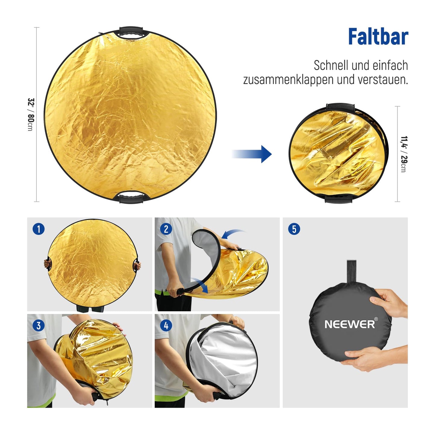 NEEWER 80cm 5-in-1 Light Reflector with Clamp and Handles, Polyester Multi-Disc Photography Diffuser, Translucent/Silver/Gold/White/Black, 3/8" Thread, for Studio and Outdoor Lighting, RF-80II - 90101122
