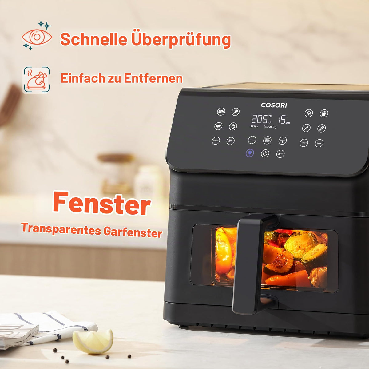 COSORI air fryer 6.2 liters with window, 1700 W, air fryer with 12 functions (baking and frying), one-touch display, time and temperature adjustable 75-205 ℃, 30 paper recipes & 50 online - CAF-P652-KEU