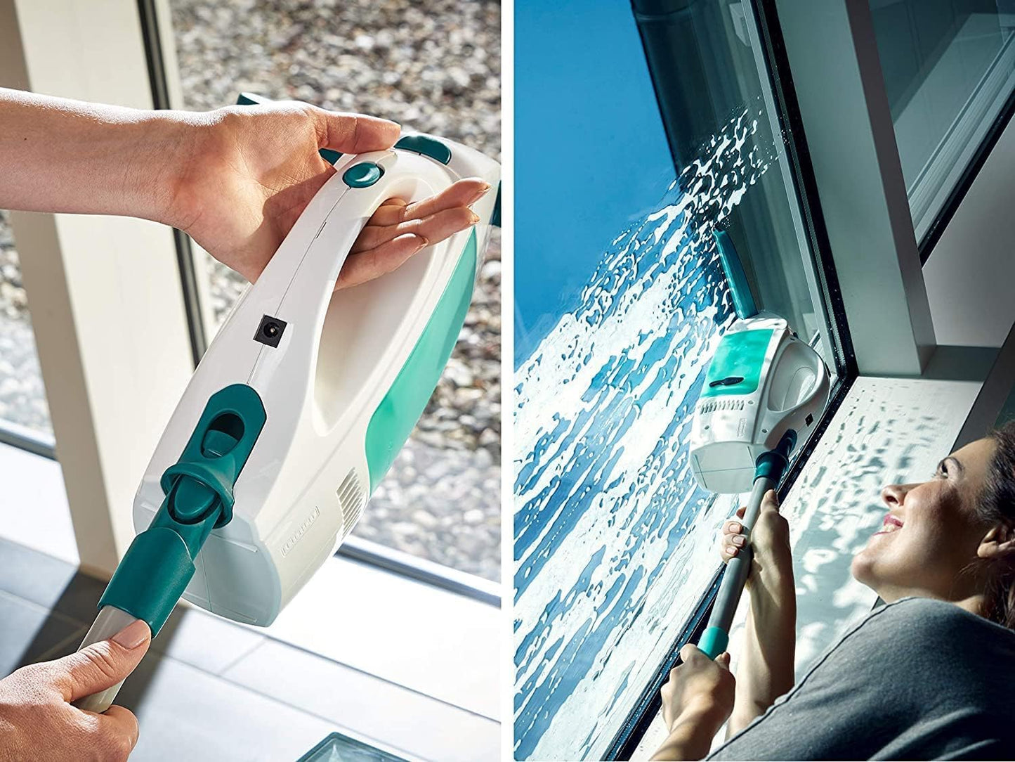 Leifheit window vacuum set Dry and Clean with handle for 360° streak-free cleaning, window cleaner can be used for up to 38 minutes, window cleaner with automatic stand-by and click system - 51001