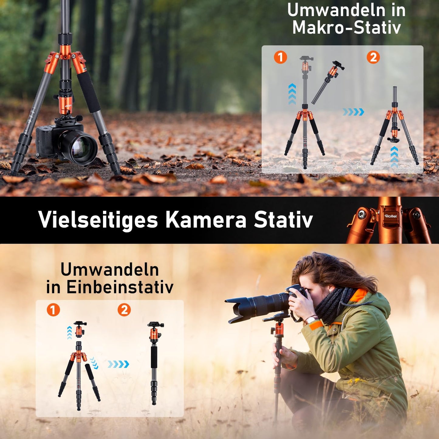 Rollei Compact Traveler No.1 Carbon Orange, 145cm camera tripod pack size 34cm compact photo tripod with ball head Arca Swiss compatible lightweight travel tripod with monopod function for DSLR & smartphone - 22579