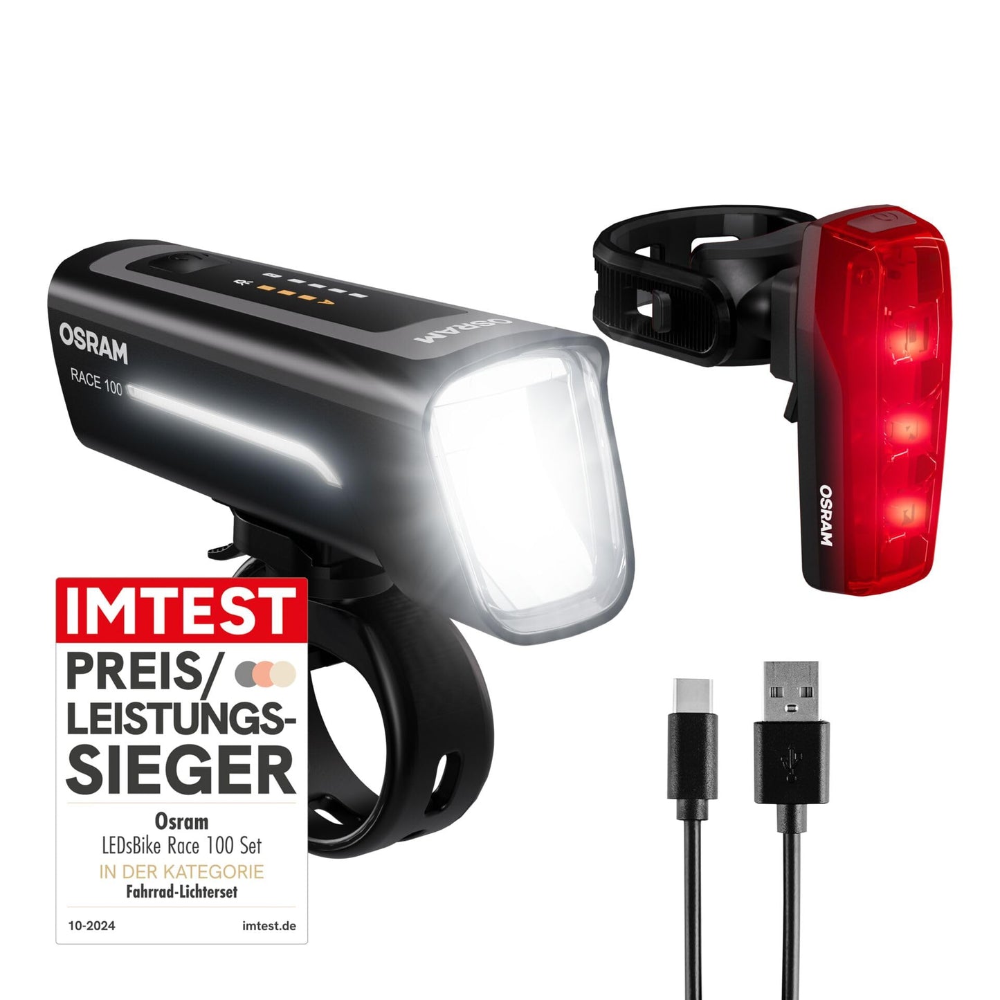 OSRAM LEDsBIKE Race 100 Set, rechargeable bicycle light set, StVZO-approved front and rear LED light set with brake light, multiple lighting modes, THREE brightness levels, 100 lux - LEDBL103