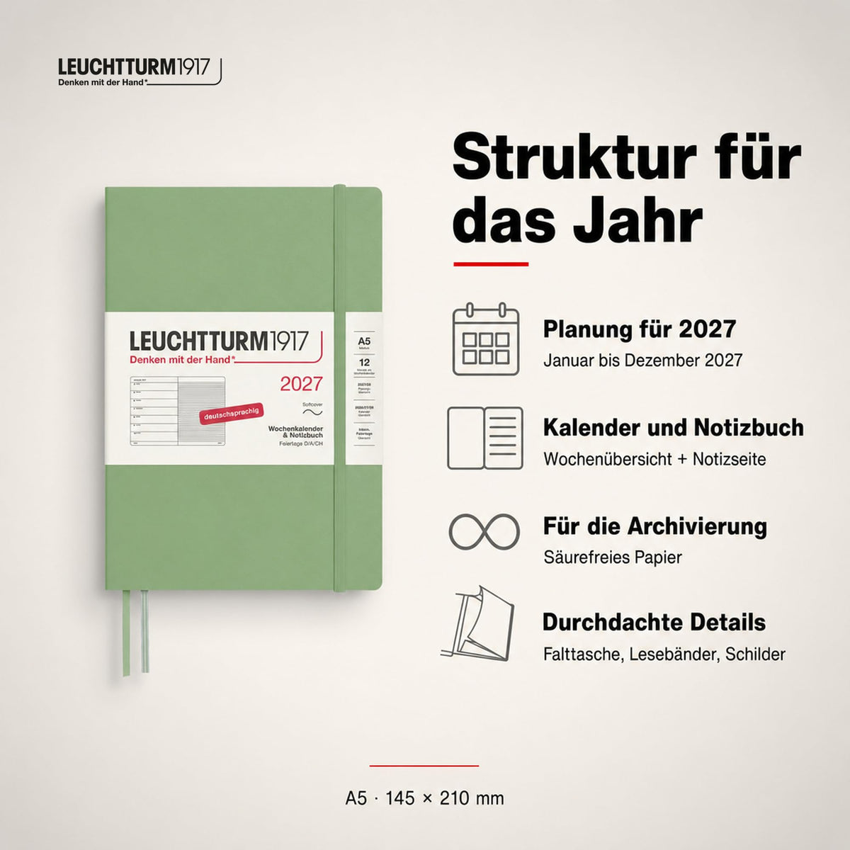LEUCHTTURM1917 calendar săptămânal 2027 mediu (A5) cu caiet - planificator de întâlniri germană, salvie, copertă moale, ianuarie-decembrie 2027, prezentare săptămânală în stânga + pagina de note în dreapta - 400071