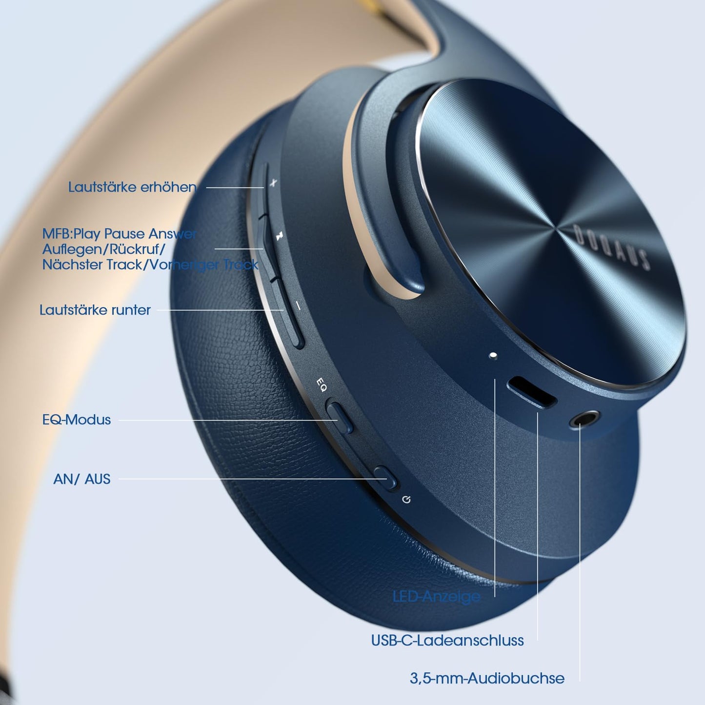 DOQAUS Bluetooth Headphones Over Ear, Up to 90 Hours Wireless Headphones with 3 EQ Modes, HiFi Stereo Foldable Headset with Microphone, Soft Ear Pads for Travel/Office/Cell Phone/PC/Laptops-Navy Blue - Care1