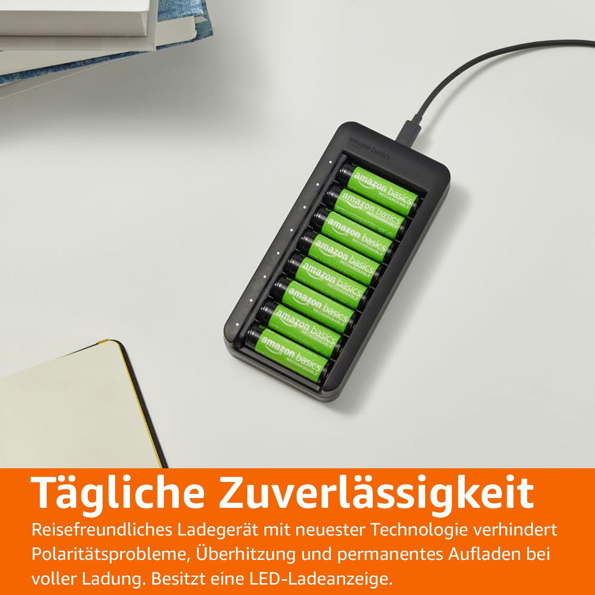 Amazon Basics Battery Set, rechargeable, consisting of 8 x AAA batteries, NiMh, 800 mAh, + 8 x AA batteries, 2000 mAh, with a battery charger that holds 8 batteries, without AC power adapter, USB-C connection, black. - HFR-AA2000-AAA800-HPTCH0036
