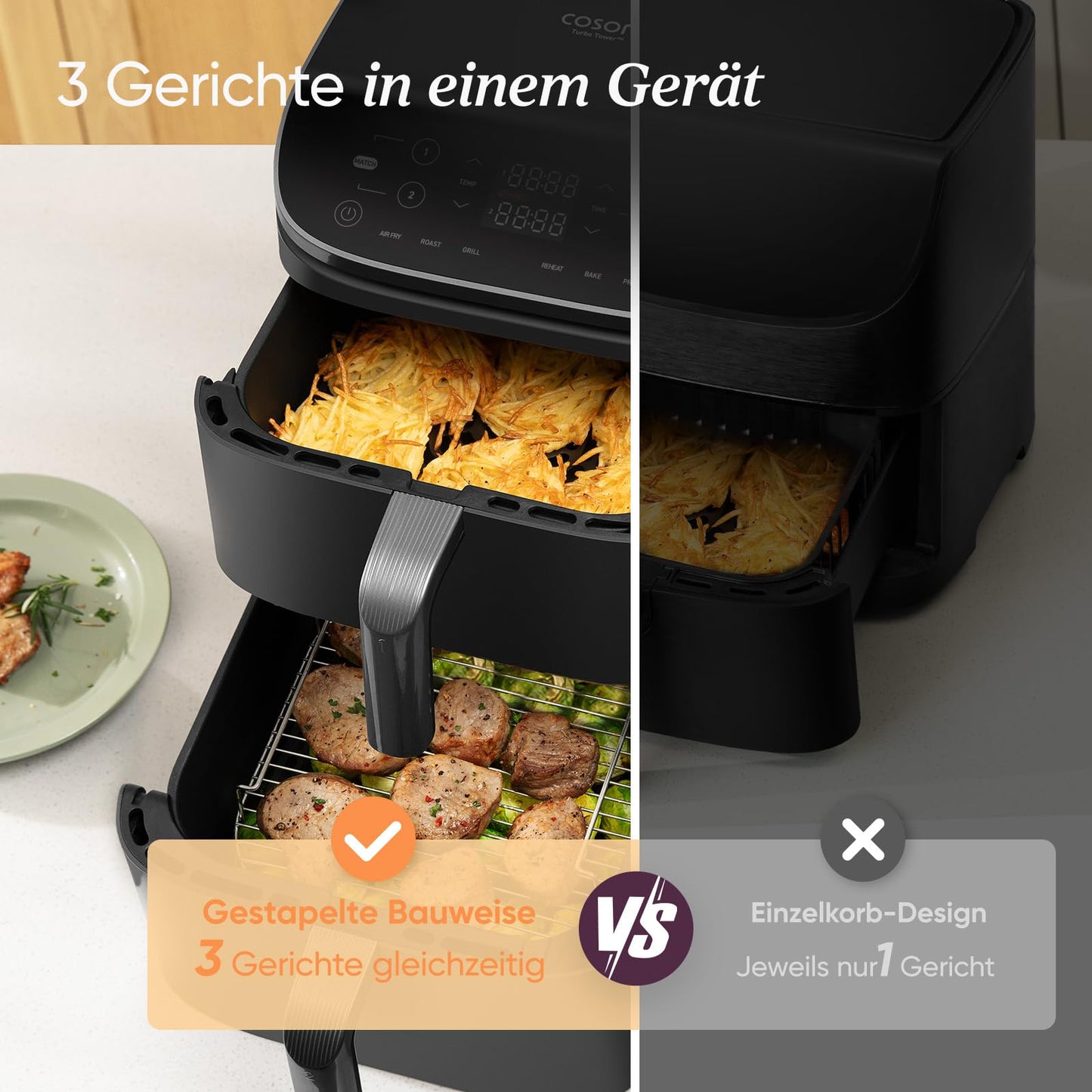 COSORI Airfryer, hot air fryer 2 chambers, 10.8 L hot air fryer, innovative multiple air speed, saves 41 percent space, includes recipe book and stainless steel grate, silver gray - CAF-ADE-airfryer