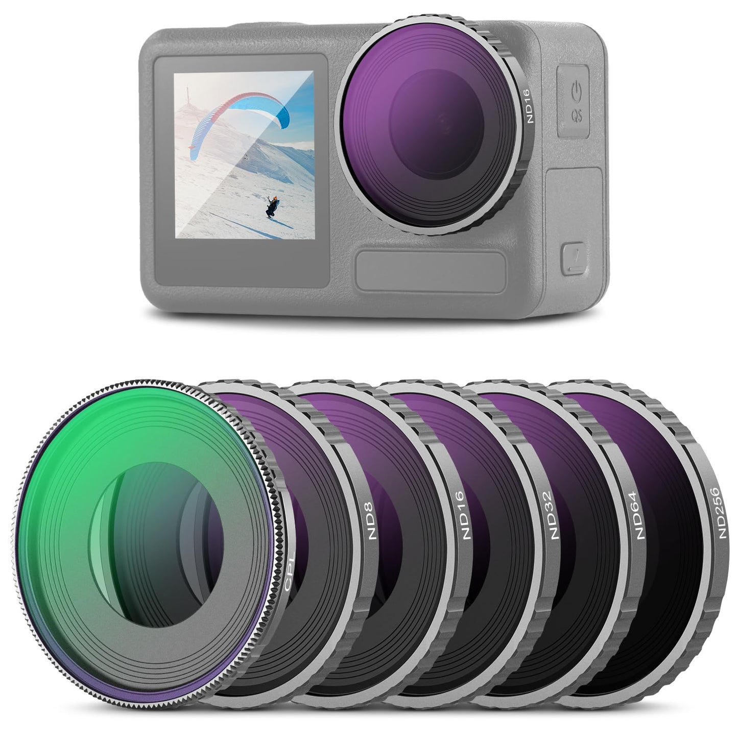 NEEWER Pack of 6 ND Filter Set Compatible with DJI Osmo Action 5 Pro/Action 4, Multi-Coated HD Optical Glass Gray Filter Polarizing Filter CPL+ND8+ND16+ND32+ND64+ND256 Action Cam Lens Accessories, FL-N70