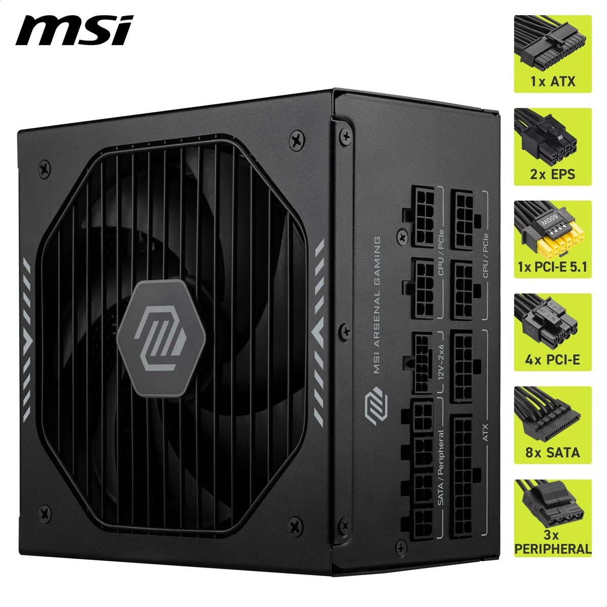 MSI MAG A850GLS PCIE5 Sursă, 850W, 80 Plus Gold, ATX 3.1, Suport GPU PCIe 5.1, 12V-2x6 nativ, Conector 12V-2x6 bicolor, Sursă ATX, Cablu modular - 306-7ZPIY11-CE0