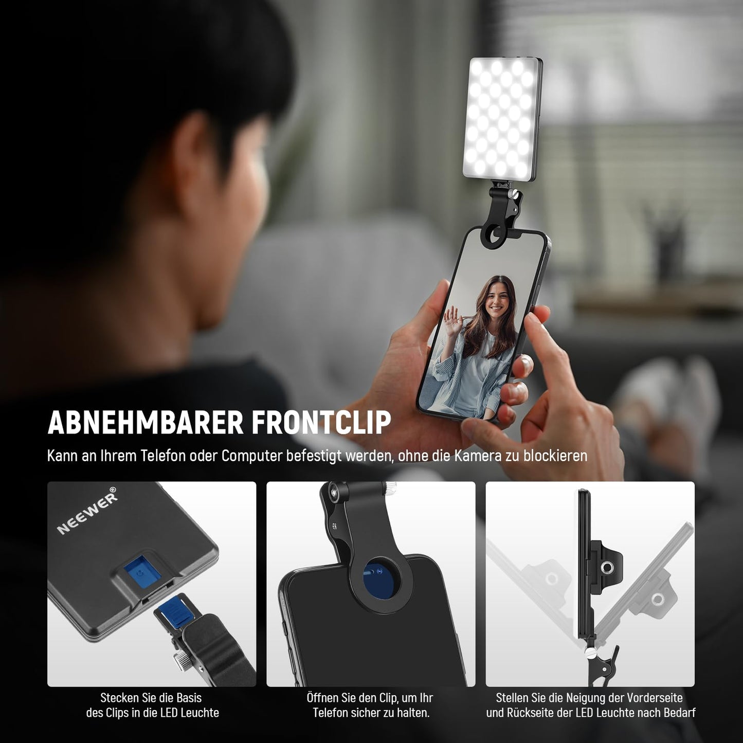 NEEWER Basics Clip on LED Selfie Light Compatible with iPhone, 2000mAh Rechargeable, Phone Clip Holder & Cleaning Cloth, Webcam Laptop Zoom Conference Makeup Fill Video Light, NL-60AI