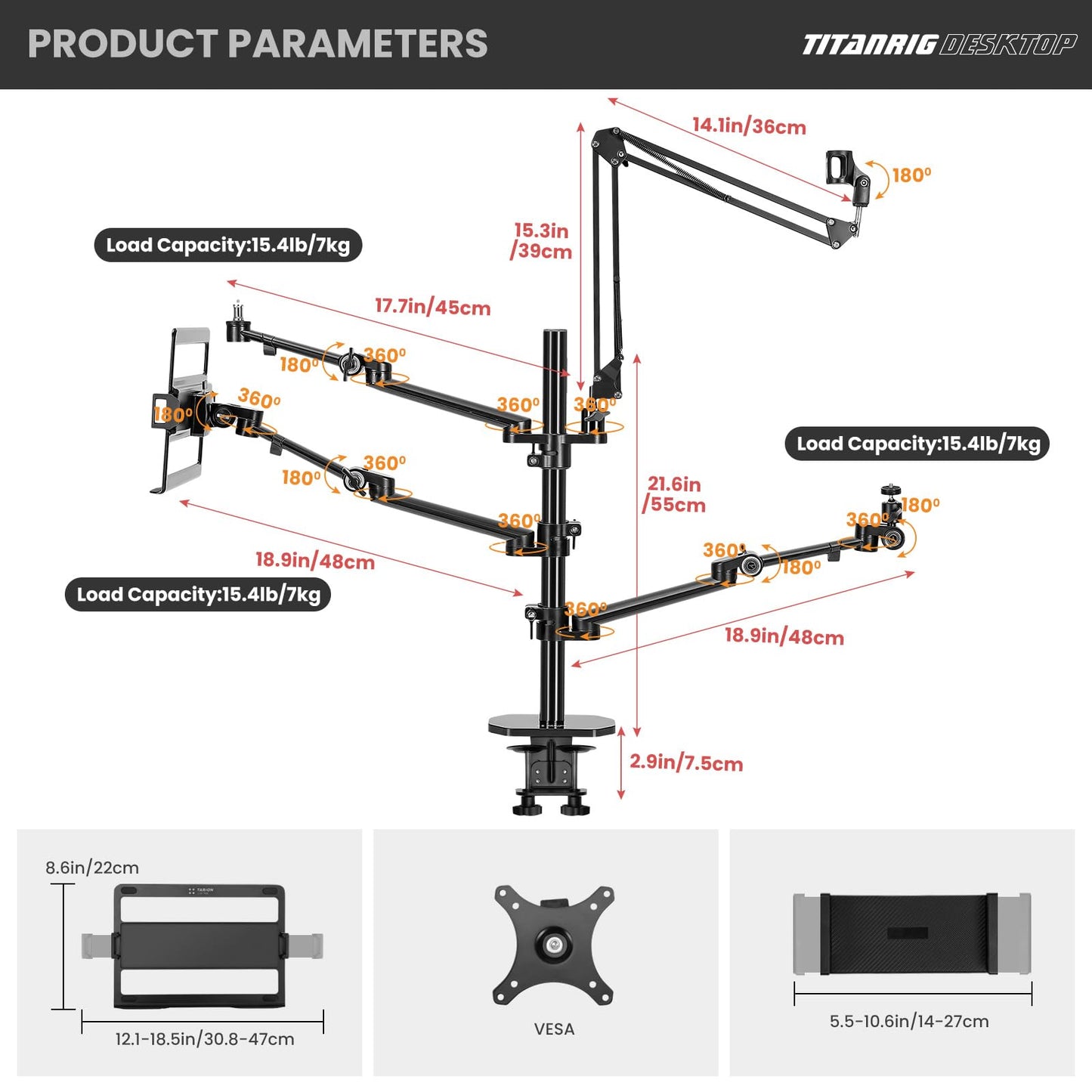TARION table tripod camera overhead tripod: camera table mount clamp tripod flexible table mount with 4 articulated arms for ring light monitor microphone photography video live streaming titan rig (table set) - TitanRig-Desk