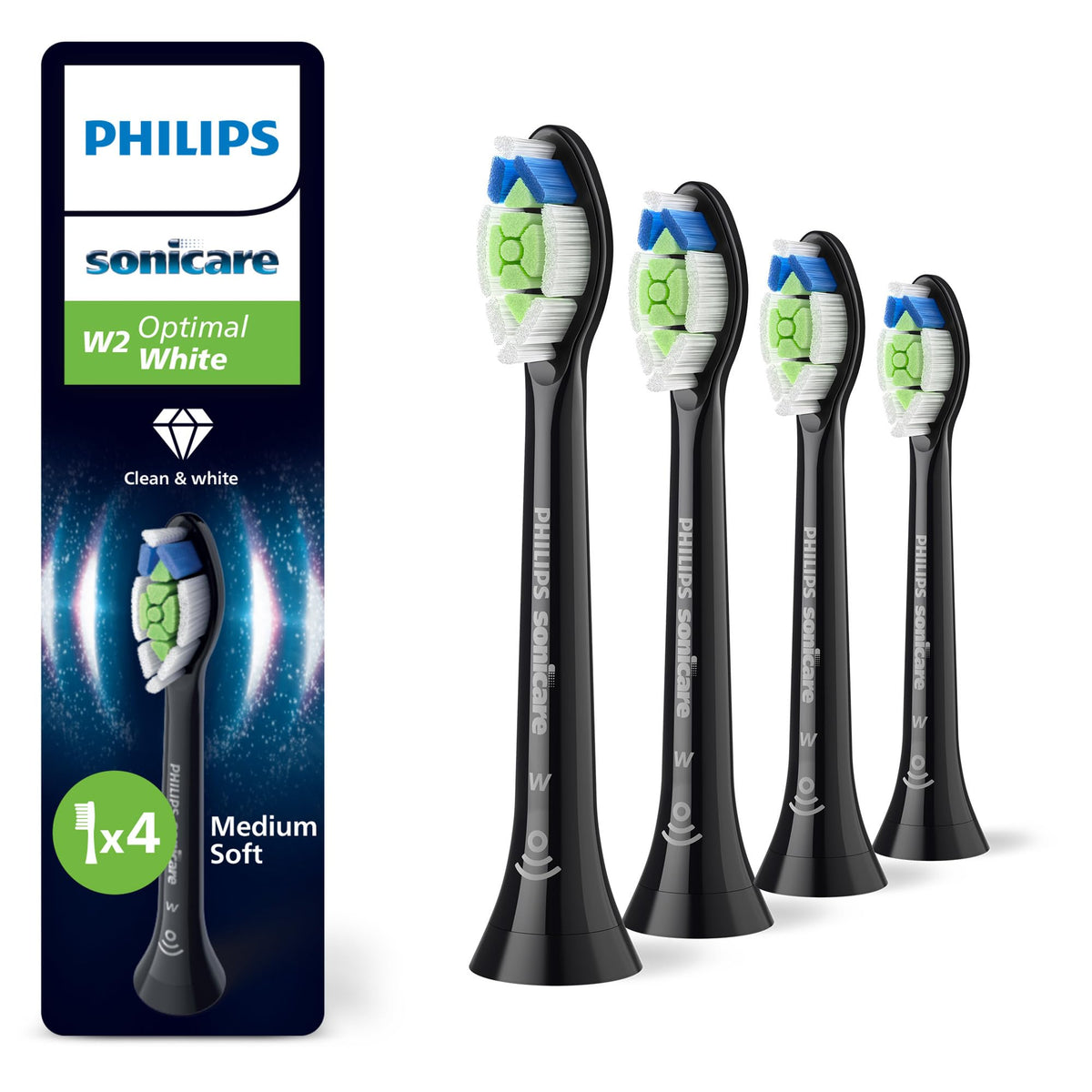 Philips Sonicare W2 Optimal White, Original Replacement Brush Heads, Black, 4-Pack, HX6064/88
