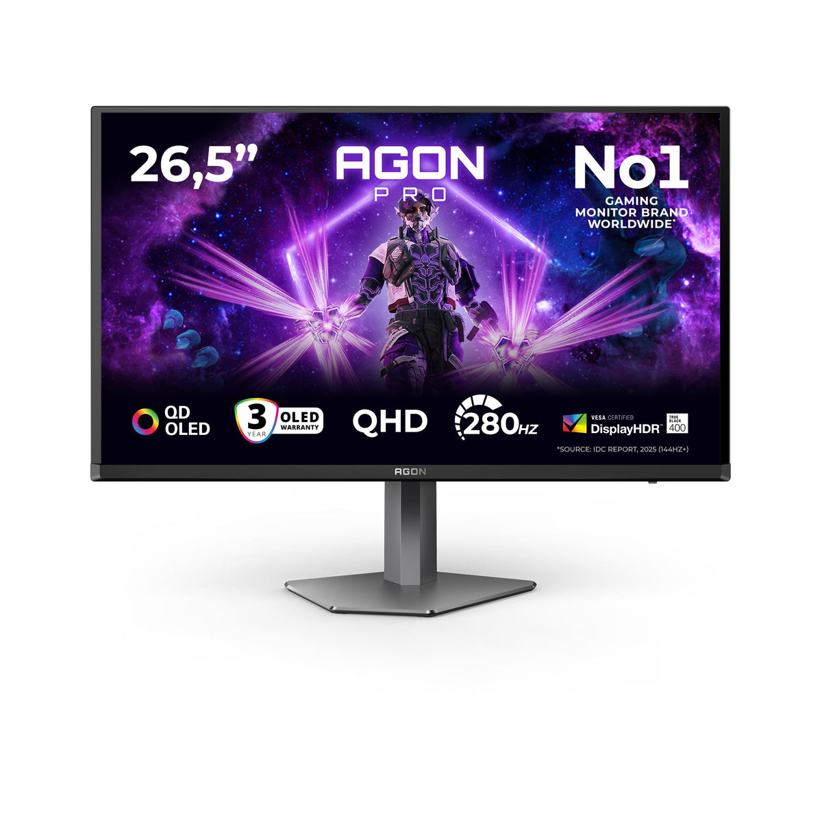 AOC AG276QZD2 27-inch WQHD USB Hub Gaming Monitor, 280Hz, QD-OLED Panel, 0.03ms GtG, Adaptive Sync, HDR400 TB, G-Sync Compatible, height adjustable, speakers, (2560x1440 HDMI 2X 2.1 DP 2X 1.4) Black