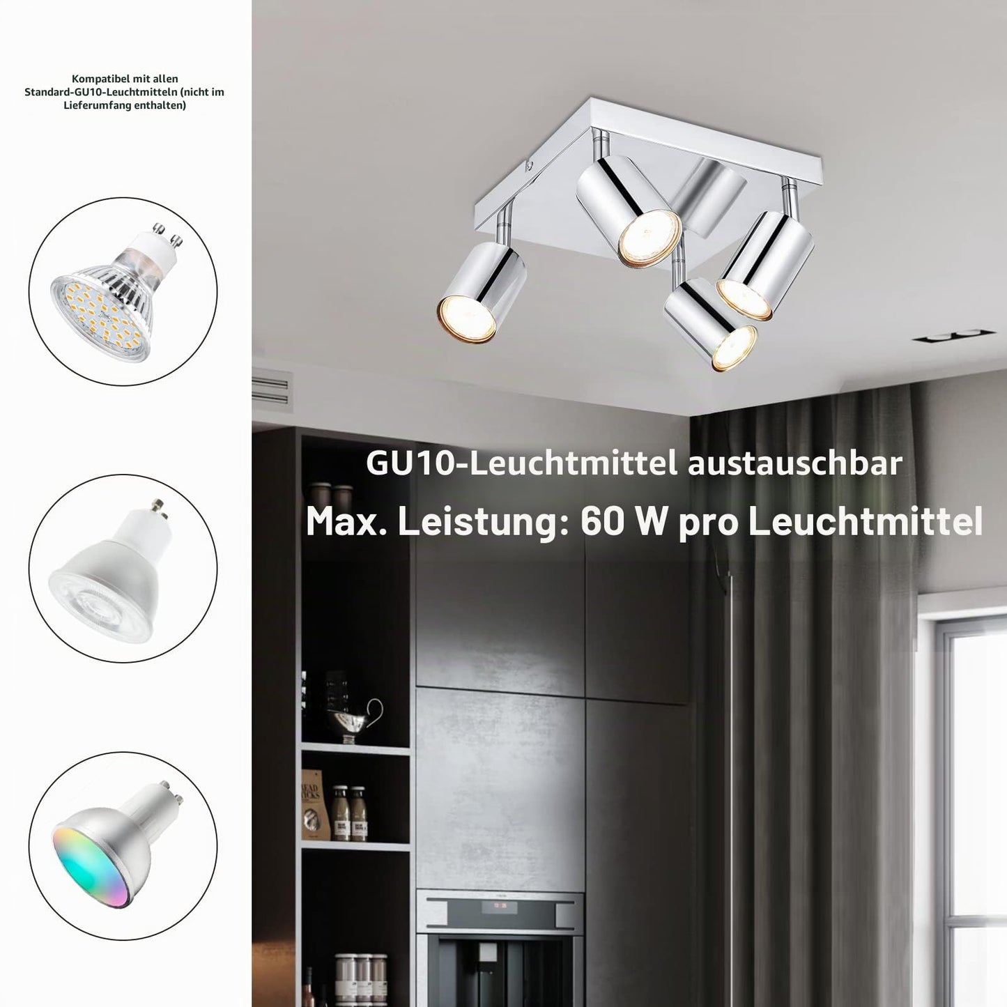 Dehobo LED ceiling spotlight 4 bulbs square swivel 350°, ceiling light spotlight GU10 ceiling lamp kitchen lamp ceiling spot for living room bedroom hallway, no GU10 bulb - D0460