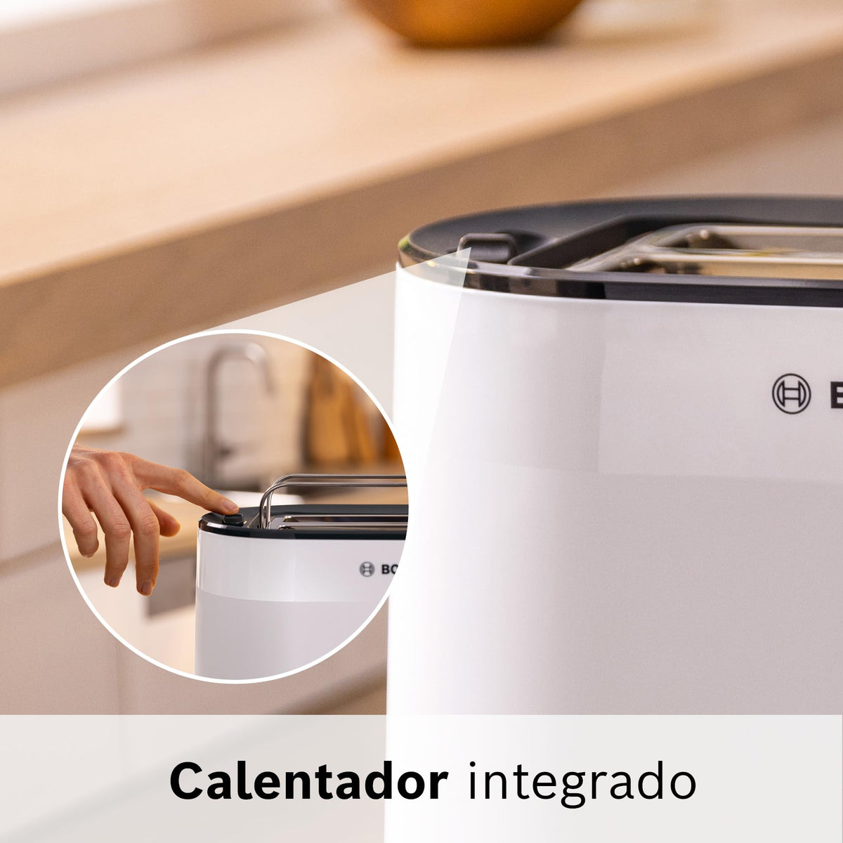 Bosch Compact Toaster MyMoment TAT2M121, integrated bun warmer, with defrost function, automatic shut-off, lift function, bread centering, perfect for 2 slices, 800 Watts, Matte White