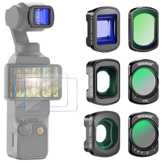 NEEWER Variable ND2-32, CPL, 1/4 Black Diffusion Filter for a cinematic fog effect, 0.75x wide angle, 2X macro, 1.2X blue anamorphic lens for Osmo Pocket 4/3 / Xtra Muse, FL-B28