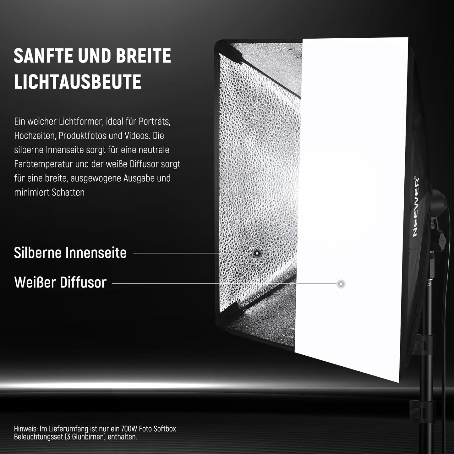 NEEWER softbox lighting set, equivalent to 700W, pack of 3 CE & UKCA certified 5700K LED light bulbs, 24x24 inch softboxes with E27 socket, photography continuous light set, photo studio equipment - 10102773