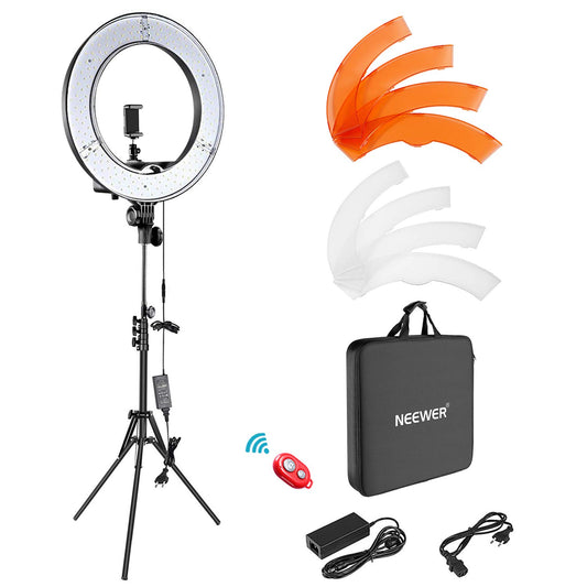 NEEWER Camera Photo Video Ring Light Kit: 18 inch/48 centimeters, 52W 5500K dimmable LED ring light, light stand, Bluetooth receiver for smartphone, perfect for YouTube self-portrait recordings. - RL-18