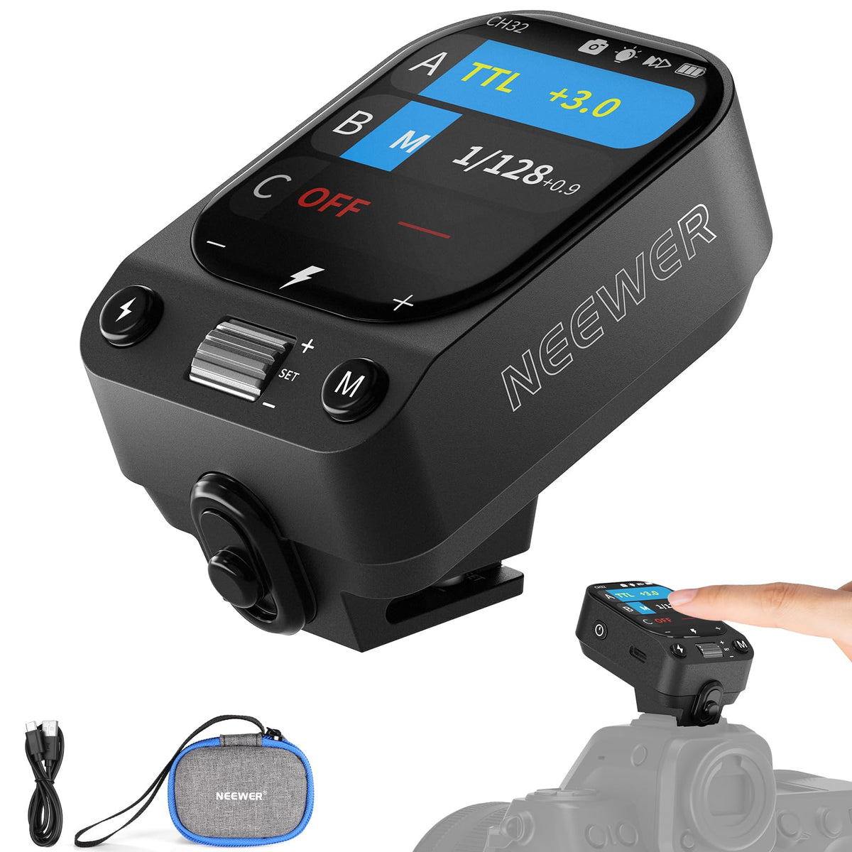 NEEWER QZ-N 2,4G TTL Trigger pentru blitz compatibil cu camerele Nikon Z9, Z8, Z6II, Z7II, Z5, Z50. Godox IT32, V1, V100, AD200 Pro II, cu ecran tactil, 1/8000s HSS, acumulator de 1000mAh și comutator cm.