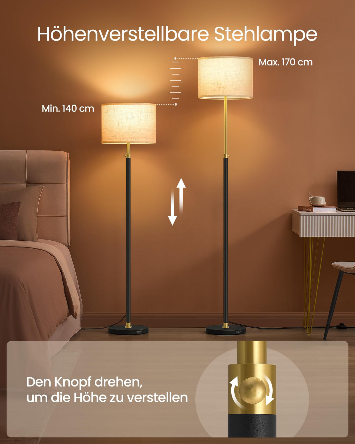 VASAGLE Floor Lamp Living Room, 140.5-171 cm height-adjustable Reading Lamp - LFL002B02