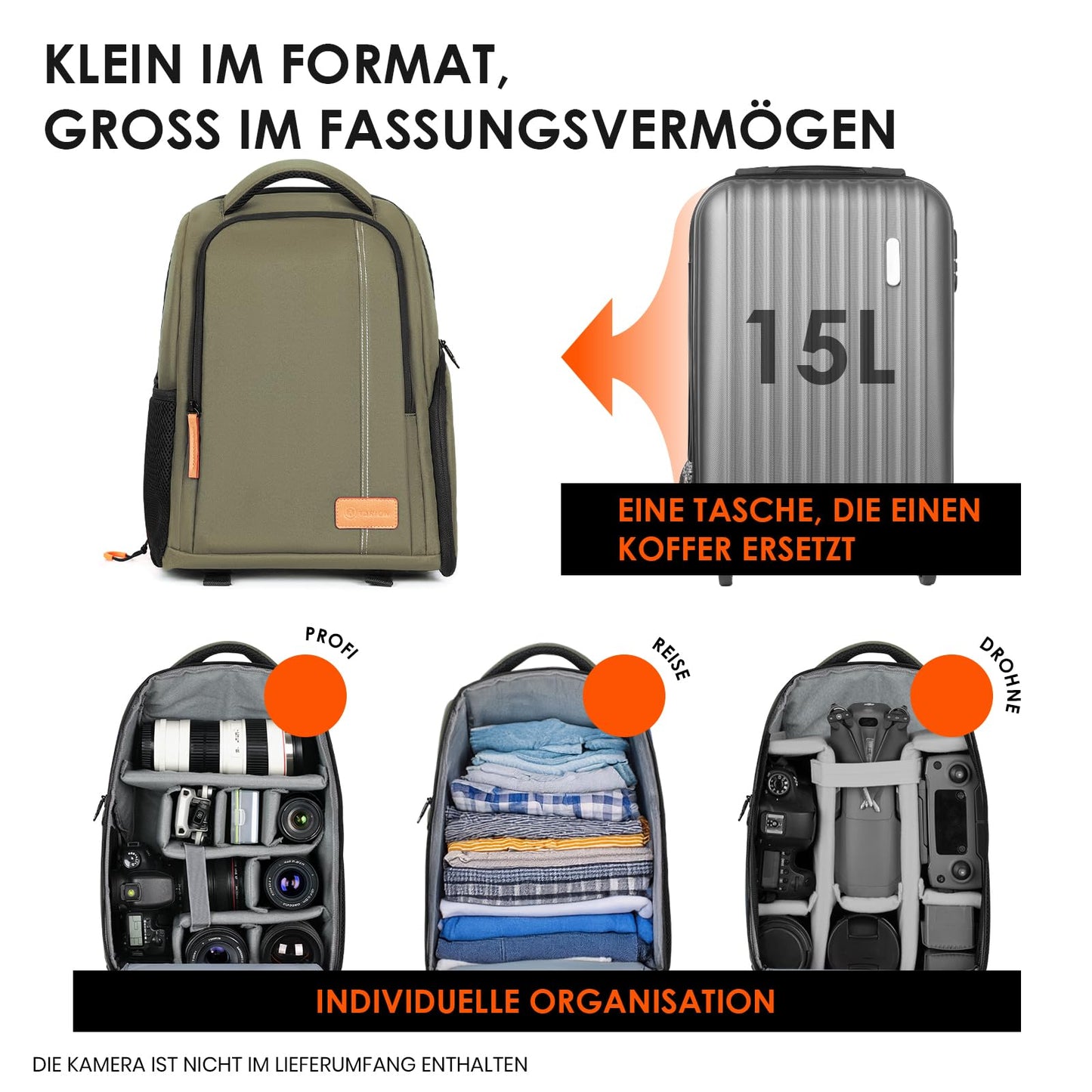 TARION Camera Backpack SLR Photo Backpack Waterproof | Lightweight and compact | Small DSLR backpack with 15" laptop compartment and rain cover (green) - TB-02-GN-EU
