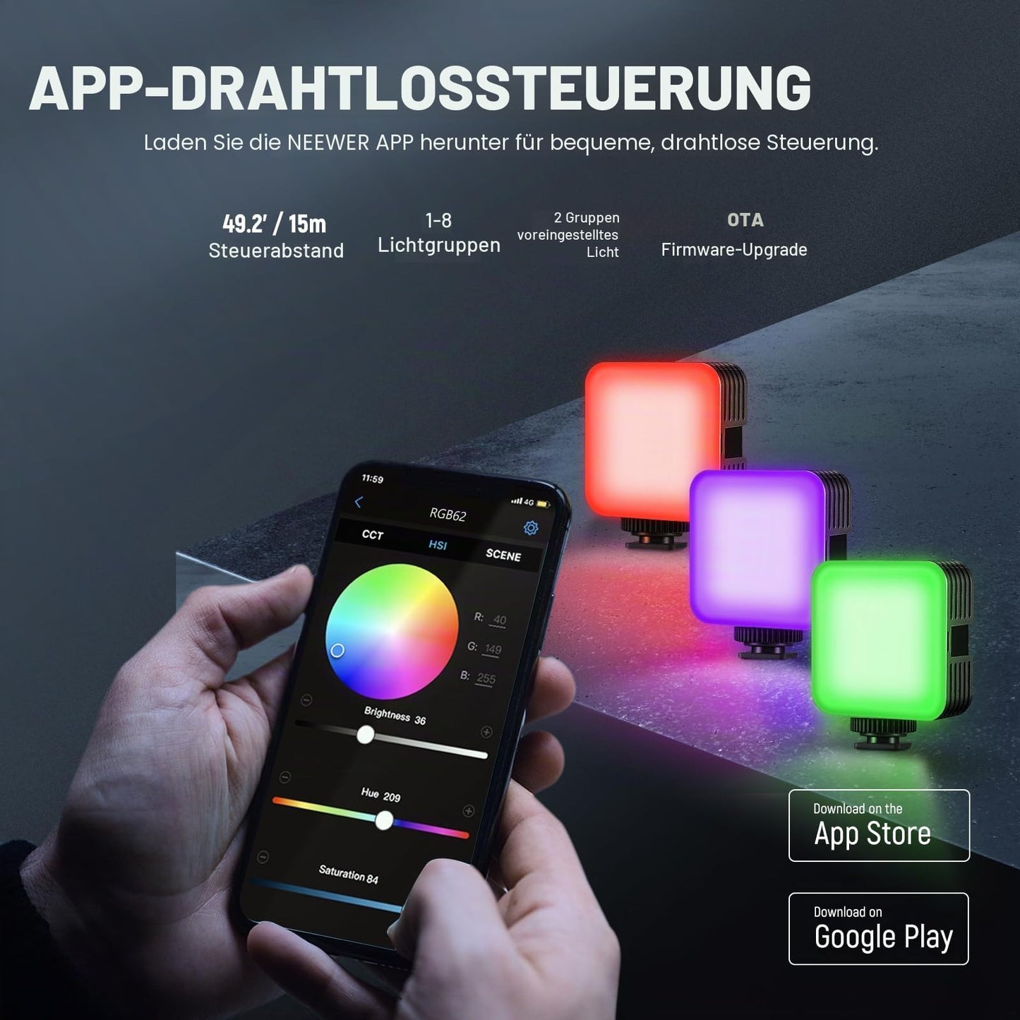 NEEWER RGB62 Video Light RGB Magnetic with App Control 2 Pack 360° LED Camera 360° with 3 Cold Shoes CRI97+ 2500K-8500K 17 Scenes 2000mAh Rechargeable Portable Selfie
