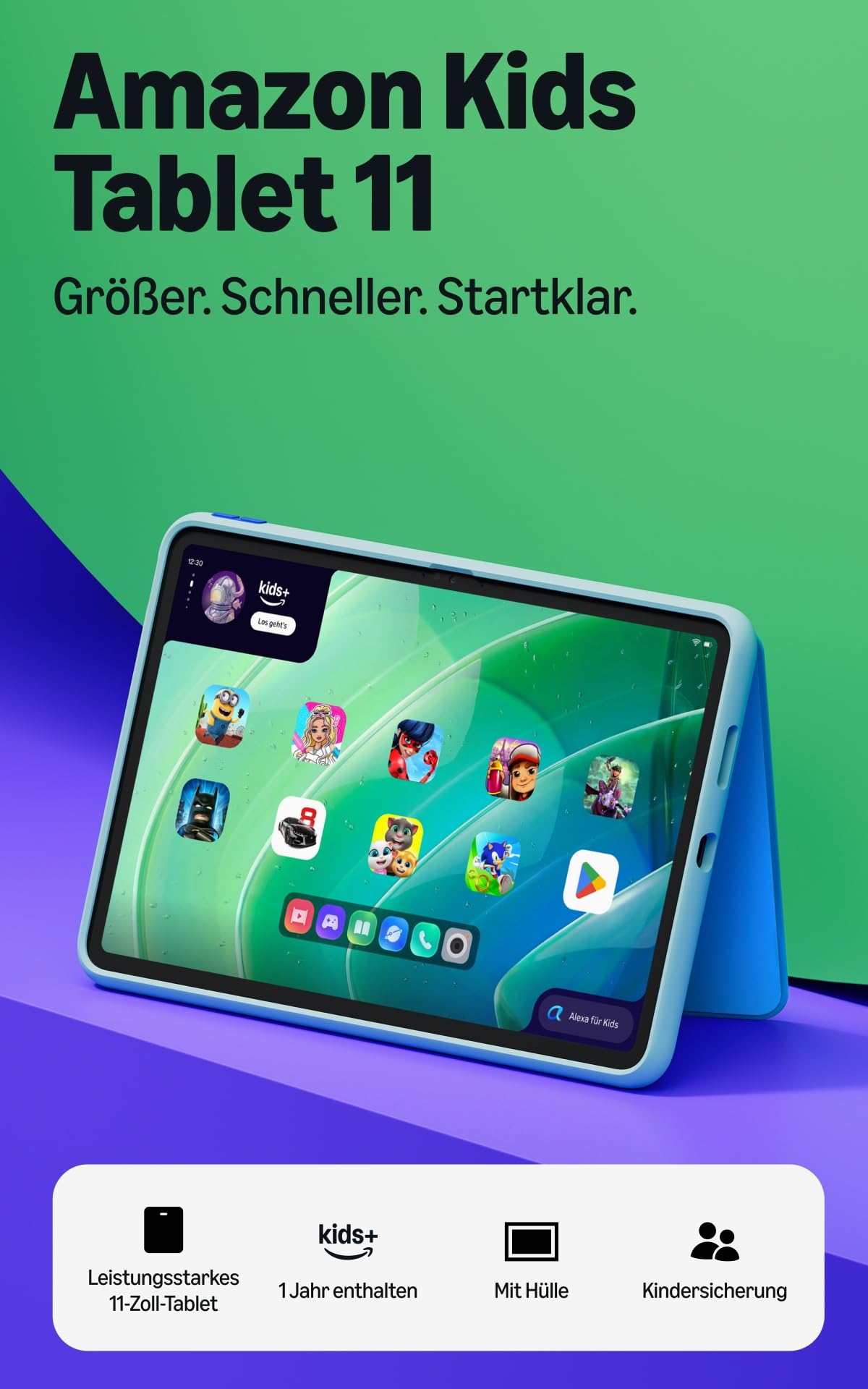 Amazon Kids Tablet 11 (latest Gen), suitable for ages 6 and up, 11-inch display with 2.5K resolution, all-day battery life, 1 year of Kids+ with videos, apps, games & books, including a slim case (Turquoise) - TR24E7