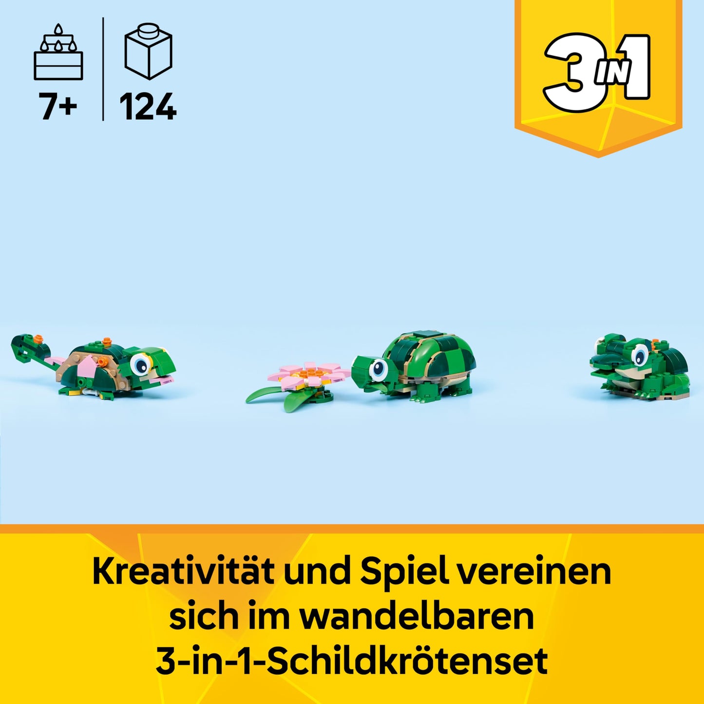 LEGO Creator 3in1 Turtle with a Water Lily Flower Toy - Animal Figure Transforms into a Chameleon or Frog - DIY Desk Decor Idea - Birthday Gift for 7+ Year Old Girls & Boys - 31377