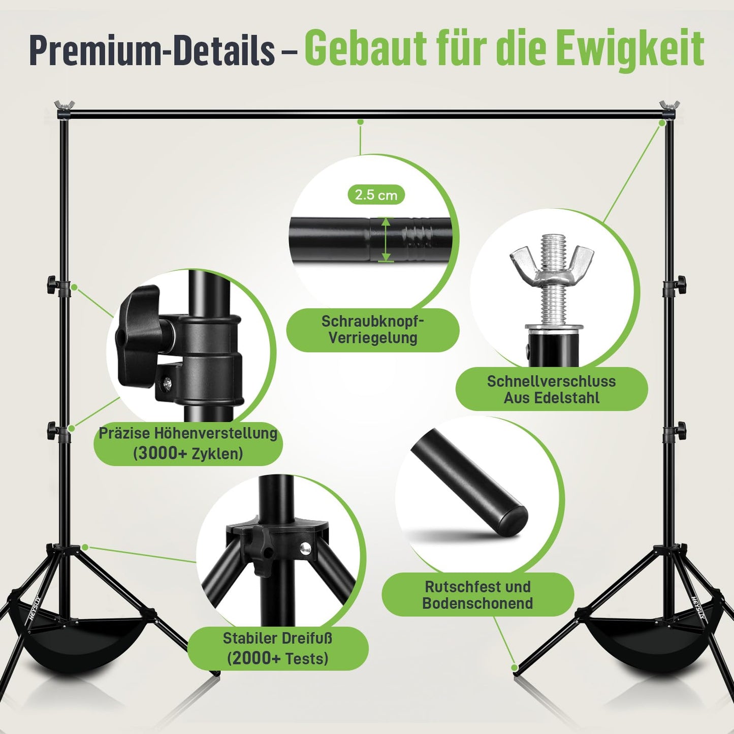 Heysliy Photo Background Stand Set 3x2m - Adjustable Background System for Photography, Photo Background, Backdrop Stand, Wedding & Party Decoration with Carry Bag - Limink-US-3M-Stand