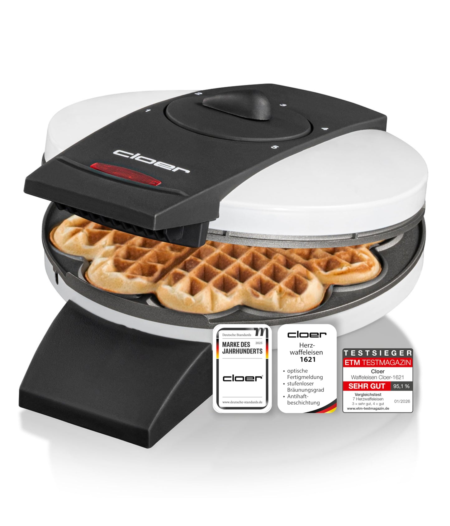 Cloer 1621 waffle iron for classic heart waffles, 930 W, waffle size 15.5 cm, continuously selectable browning level, white, metal