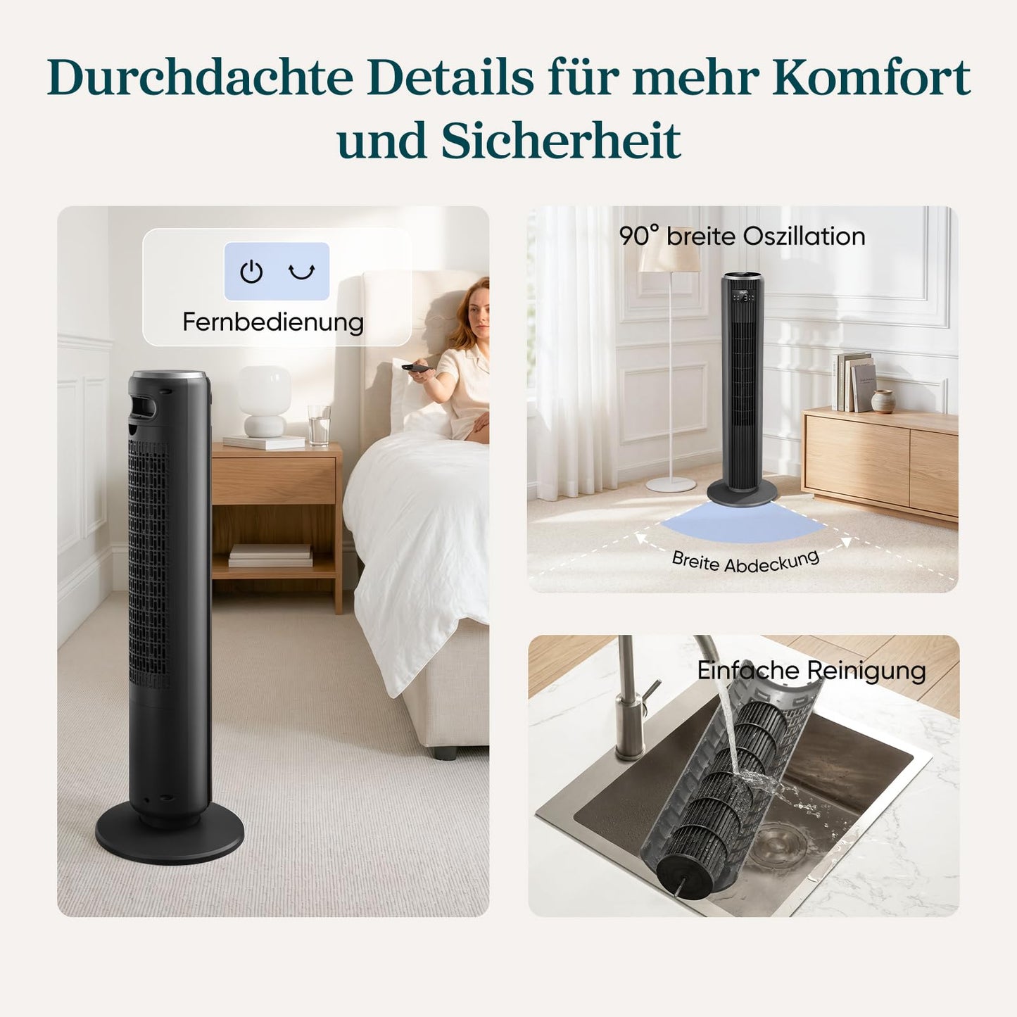 Levoit - DC motor tower fan - 20dB very quiet fan - 4 modes/12 levels/12 hour timer - remote control & cooling - tower fan with 7.9m/s speed - 24W pedestal fan - gray, 92 cm - LTF-F362-AEU