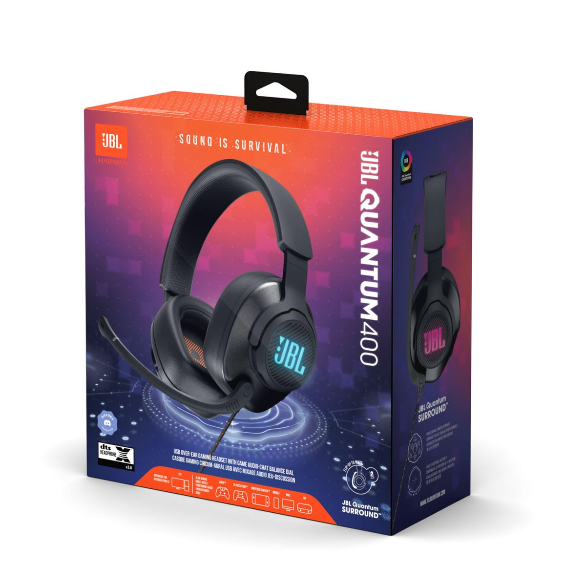 JBL Quantum 400 Căști de gaming Over-Ear – Cablu de 3,5 mm și USB – Cu microfon boom pliabil și sunet QuantumSurround – Negru - JBLQUANTUM400BLK