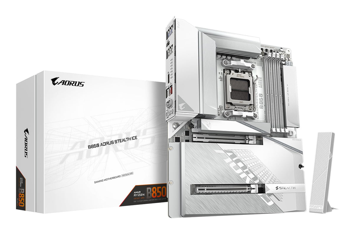 GIGABYTE B850 AORUS Stealth Ice Mainboard – Supports AMD Ryzen 9000 series CPUs, digital 14+2+2 phase VRM, up to 8200 MHz DDR5 (OC), 2 x PCIe 5.0 + 2 x PCIe 4.0 M.2, Wi-Fi 7, 5 GbE LAN