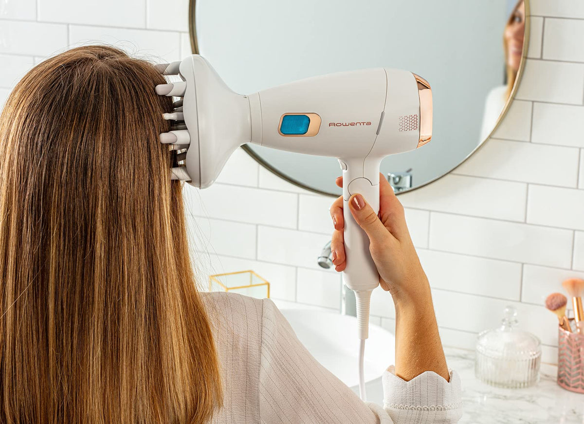 Rowenta Ultimate Experience Massage Hair Dryer, 2200 Watts, High-Performance Digital Motor, Ion Booster, Gently Rotating Fingers, 2-in-1 Drying with Revitalizing Scalp Massage, White/Copper, 1 piece - CV9240