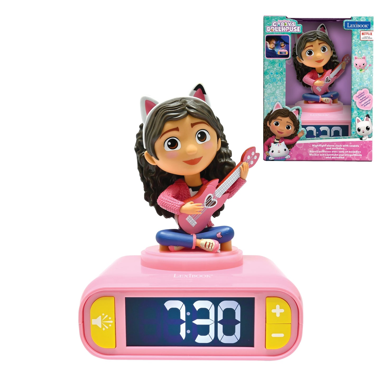 Lexibook, Gabby's Dollhouse, Gabby Night Light Alarm Clock, Sounds and Melodies, Backlit LCD Screen, Luminous, Snooze, Pink, RL800GDH