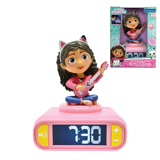 Lexibook, Gabby's Dollhouse, Gabby Night Light Alarm Clock, Sounds and Melodies, Backlit LCD Screen, Luminous, Snooze, Pink, RL800GDH