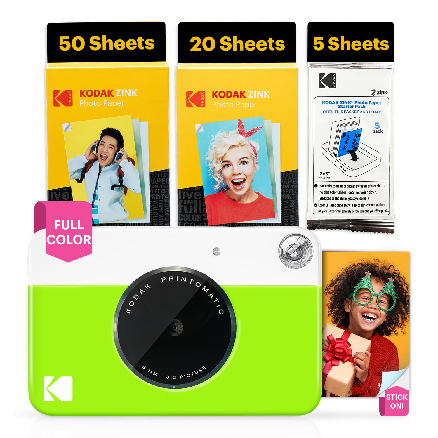 Kodak Printomatic Instant Camera - 75 Sheet Package - 5MP - Zinc 2x3 Photos - Portable - Green - AMZNBRODMATGN