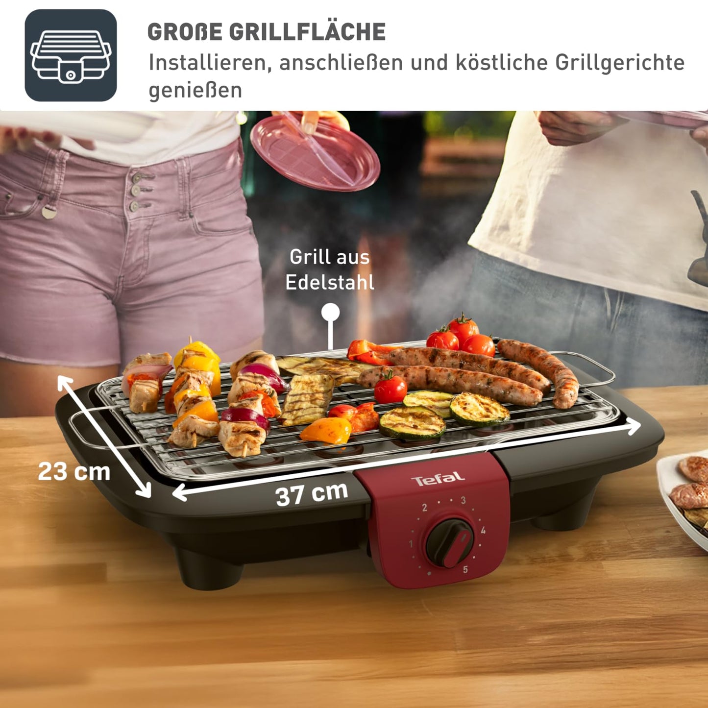 Tefal Easygrill Adjust Red electric grill, 2300 watt table grill, 870 cm² grill area, easy to clean, grill grate and drip tray dishwasher safe, completely dismantled, black/burgundy red, BG90E5