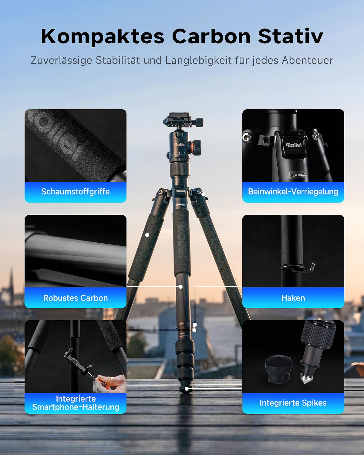 Rollei C5i tripod camera black, 158cm travel tripod Lightweight made of carbon Photo tripod with ball head & tripod bag Can be used as a macro tripod & monopod Compact tripod for DSLR & smartphone - 22610