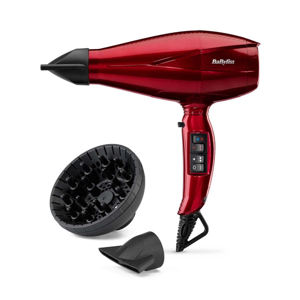 BaByliss Pro Digital Uscător de păr cu difuzor – 2200W Uscător profesional ultra-rapid cu tehnologie ionică, Fabricat în Italia, 3 trepte de căldură și 4 setări de flux de aer cu buton turbo, Roșu, 6001DE